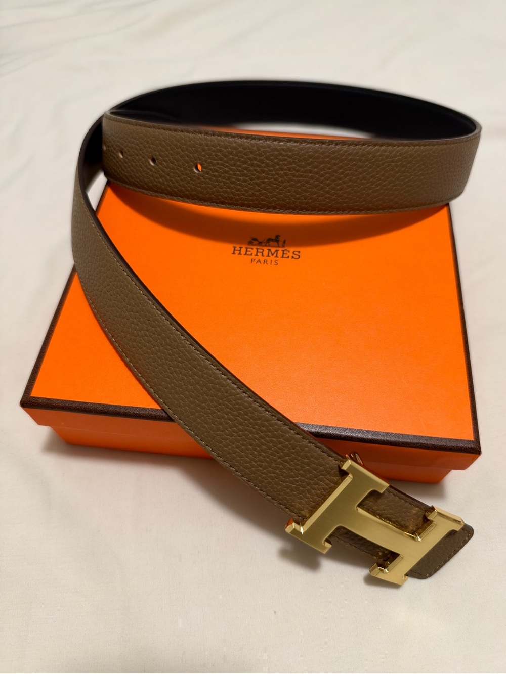 H Buckle Belt Taupe with Gold Hardware